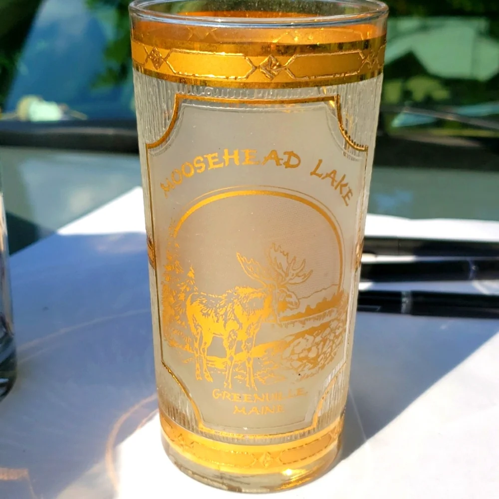 Vintage Souvenir Bar Glass double sided Moosehead Lake Maine Gold Trim
